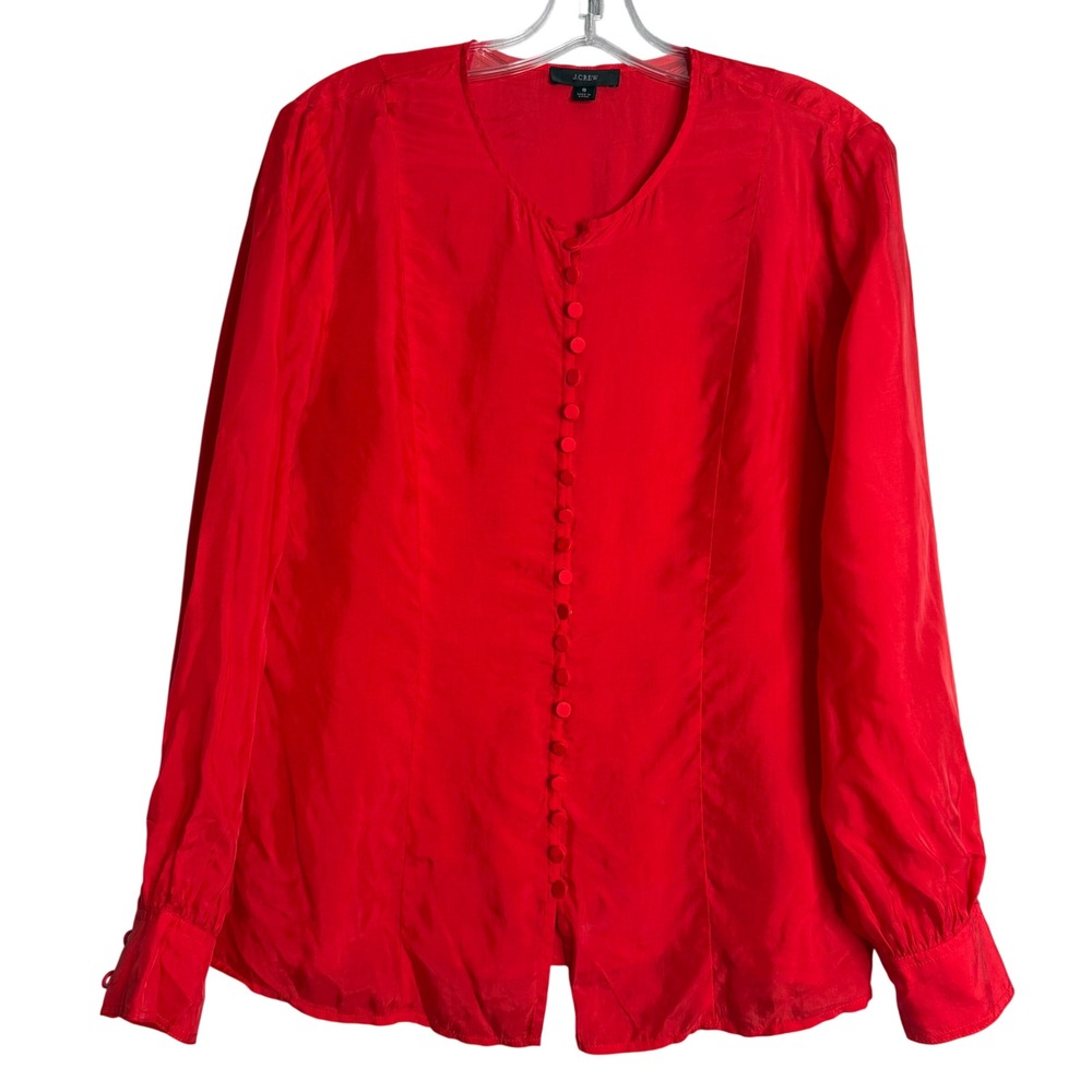 J. Crew Eco Cupro Blend Covered Button Top Womens 8 Red Silky Preppy Slim Fitted